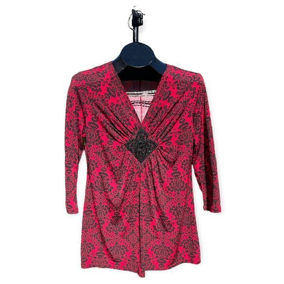 Ellen Tracy Red Black embellished V Neckline Classy Chic Holiday Size M - Picture 1 of 7